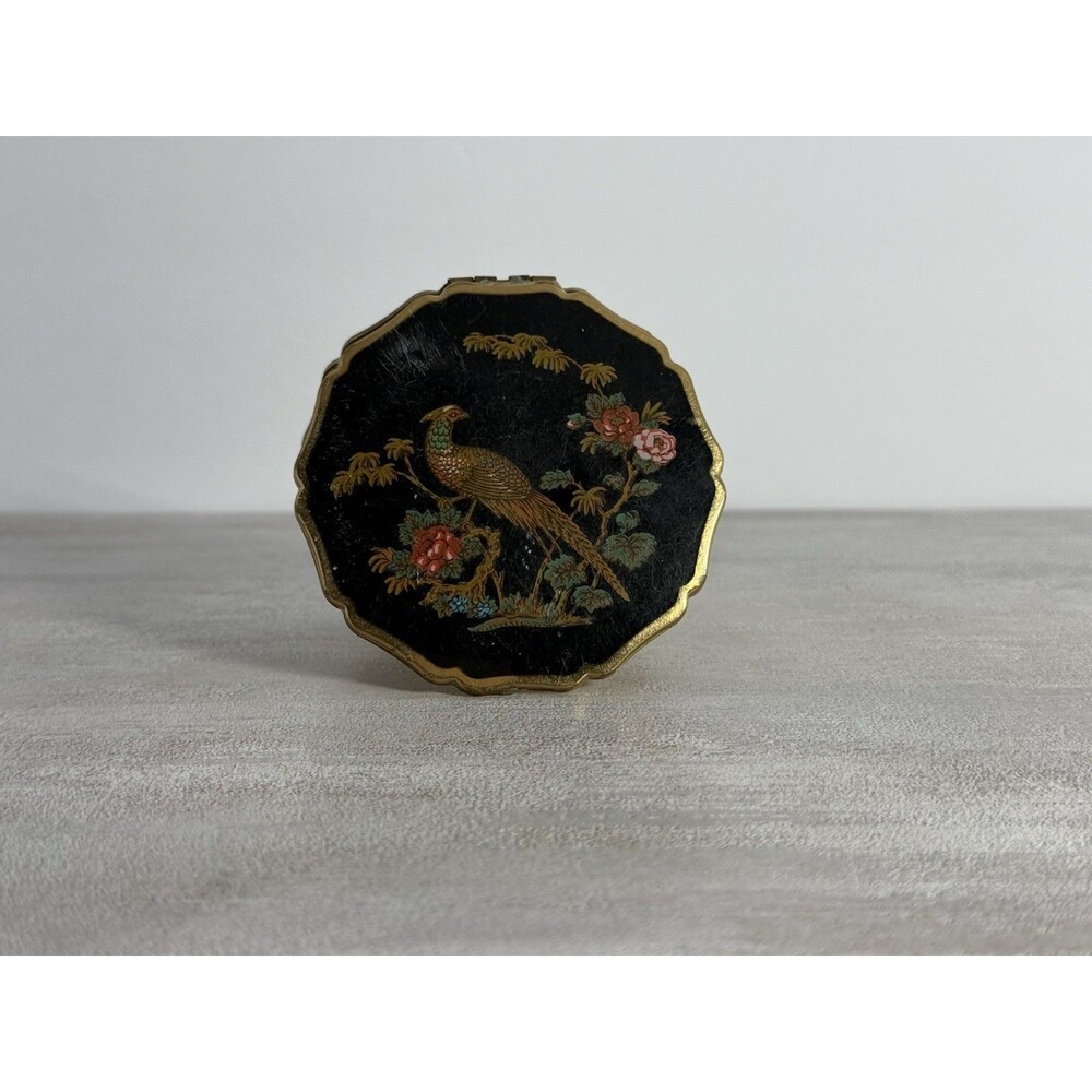 STRATTON compact, vintage, enamal pheasant Bird Black With Puff